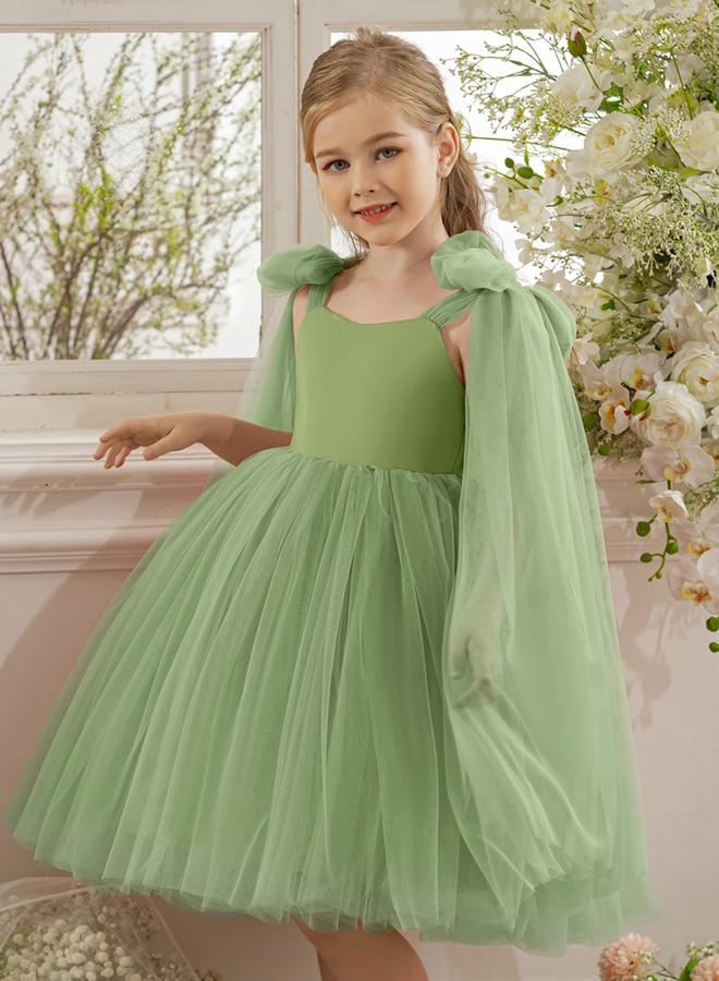 Take Two Girls Bow Sleeveless Cape Detail Mesh Dress - Image 2